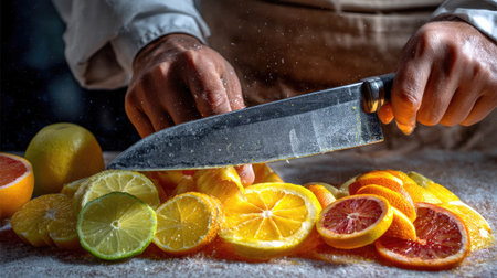 A skilled chef slices a variety of fresh citrus fruits including lemons and limes with precision. The vibrant colors create a lively kitchen scene.の素材