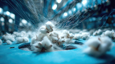 Close-up view of raw cotton fibers being processed in a textile factory, showcasing intricate details and blue tones in the factory environment.の素材