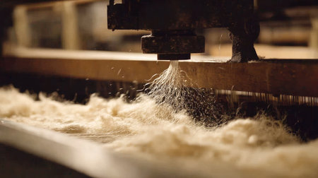 This image captures the intricate process of wool fibre being treated in a textile factory. Water sprays mix with soft wool, highlighting machinery in action.の素材