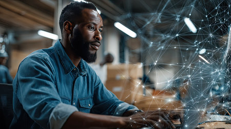 A young man intensely focuses on his computer in a high-tech office space, showcasing data connections and modern technology in a dynamic work environment.の素材