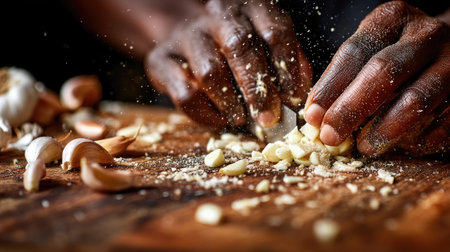 A close-up image of a chef's hands finely chopping fresh garlic on a wooden cutting board. The scene captures the essence of culinary craftsmanship and the joy of cooking.の素材