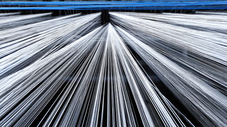 This abstract image showcases white threads dynamically arranged in a textile production setting, framed by blue elements. Perfect for illustrating industry and innovation.の素材
