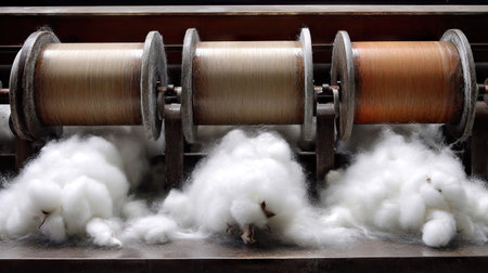 An industrial cotton processing machine featuring spools with raw cotton fiber, highlighting the intricate process of textile production. This image captures the essence of craftsmanship and heritage in creating cotton textiles.の素材