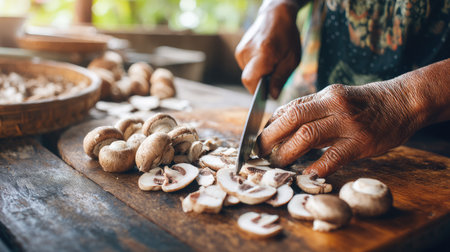 A senior cook skillfully slices fresh mushrooms on a wooden board in a rustic kitchen. This vibrant scene showcases the essence of culinary artistry and healthy living.の素材