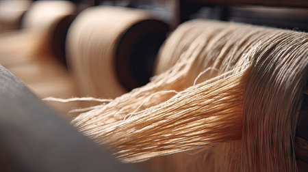 This close-up image captures natural fiber threads elegantly flowing from spools in a textile factory, showcasing the intricate details and craftsmanship involved in production.の素材