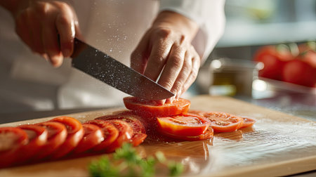 A chef skillfully slices fresh tomatoes using a sharp knife on a wooden cutting board. The image captures the vibrant colors and textures of the ingredients in a modern kitchen setting, showcasing the art of culinary preparation.の素材