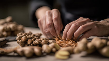 Detailed close-up of hands skillfully processing fresh ginger root on a rustic surface, highlighting the textures and natural elements involved in cooking.の素材