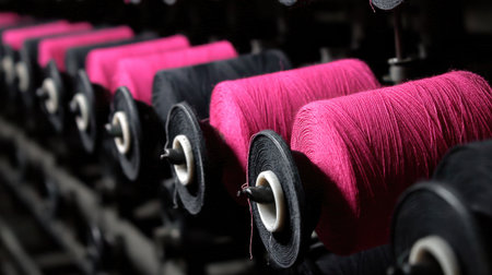 This close-up image showcases vivid spools of pink and black thread positioned in advanced textile machinery, highlighting the vibrant colors and detailed craftsmanship in a modern factory environment.の素材