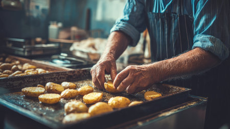 A skilled chef's hands meticulously slice fresh potatoes for an upcoming recipe. The image showcases the art of home cooking in a rustic kitchen filled with warm and inviting details.の素材