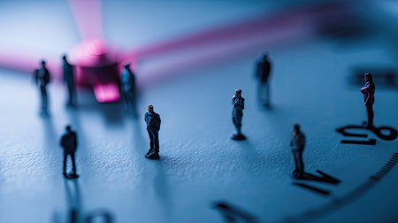 This artistic composition showcases miniature figures positioned on a clock face, symbolizing the relationship between time and human choices. The blue tones evoke a sense of calm, contrasted by the urgency of the ticking time.の素材