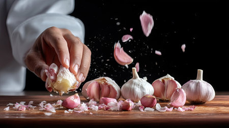A hand breaks a garlic bulb, revealing fresh cloves on a wooden cutting board, capturing the essence of cooking with vibrant textures and colors.の素材