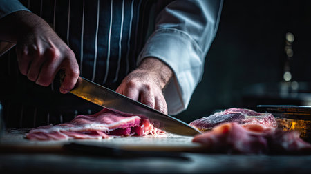 A talented chef expertly slices fresh meat using a sharp knife in a dimly lit kitchen, showcasing precision and skill in culinary preparation.の素材