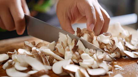 A close-up image captures a person's hands skillfully chopping fresh mushrooms on a wooden cutting board. The bright kitchen setting enhances the vibrant colors, showcasing preparation for a healthy meal.の素材