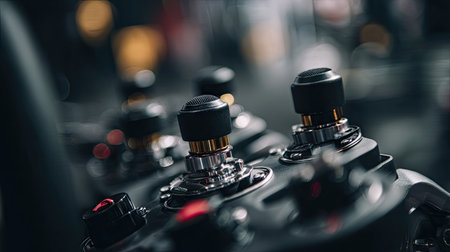 This detailed close-up image showcases a professional audio control mixer, highlighting its buttons and knobs designed for sound engineering. Perfect for showcasing music production technology.の素材