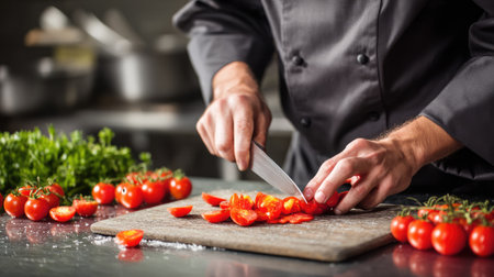 A chef skillfully slicing cherry tomatoes on a wooden cutting board, surrounded by vibrant herbs in a modern kitchen setting, highlighting culinary artistry.の素材