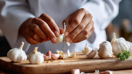 A professional chef meticulously peels garlic bulbs in a well-lit kitchen, emphasizing culinary skills and fresh ingredients for flavorful cooking.の素材