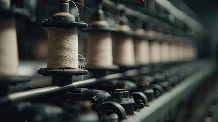 This image showcases an intricate close-up view of thread spools set against a textile machine in a factory, illustrating the essence of fabric production.の素材
