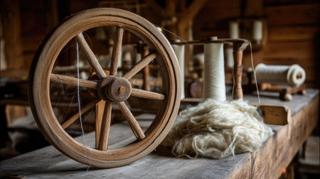 A captivating scene featuring a rustic wooden spinning wheel, accompanied by fiber and spools, showcasing the artistry and tradition of textile crafting in a warm workshop environment.の素材