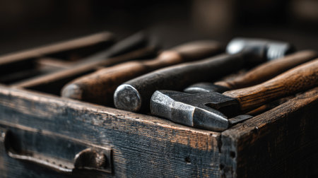 An elegant display of assorted hand tools in a vintage wooden toolbox, ideal for showcasing craftsmanship and workshop aesthetics. Perfect for DIY enthusiasts.の素材