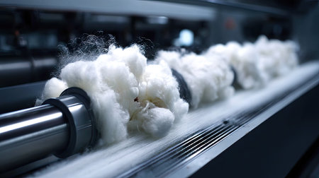Cotton fibers are being processed on an industrial machine in a textile factory, showcasing the efficiency and technology behind fabric manufacturing and production.の素材