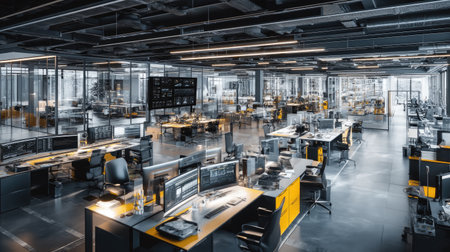 A modern office workspace showcases high-tech computers and a bright open layout. Glass partitions create a collaborative environment promoting productivity and creativity.の素材