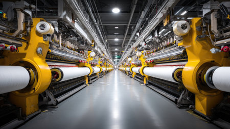 This image showcases a modern textile manufacturing facility featuring advanced industrial machinery and large spools of yarn, highlighting efficiency and innovation.の素材