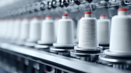 This image captures a close-up view of neatly arranged white thread spools in a textile manufacturing facility, showcasing machinery and production process.の素材
