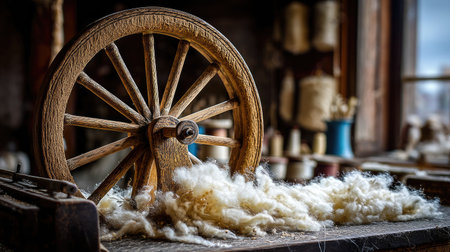 A charming vintage spinning wheel displays soft fleece flowing from its center, surrounded by various crafting tools in a cozy workshop, creating a serene atmosphere.の素材