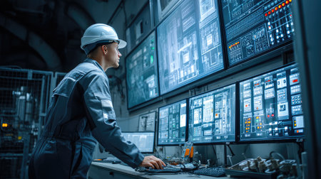 A focused engineer stands at a workstation, monitoring complex industrial control systems displayed on multiple screens, ensuring optimal performance and safety.の素材