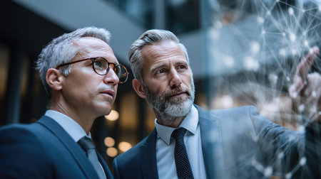Two business professionals engaged in a focused discussion about innovative technology concepts, set in a modern office with data visualizations.の素材