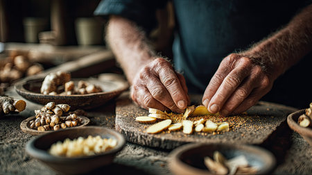 A skilled artisan carefully slices fresh ginger on a rustic wooden surface, surrounded by various natural spices and ingredients, showcasing culinary art.の素材