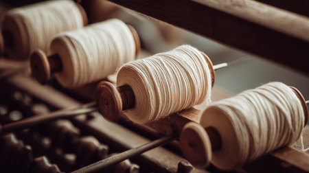 Warm and inviting scene featuring spools of thread resting on a vintage wooden spindle. This cozy textile workshop setting highlights the artistry and craftsmanship involved in sewing and fabric design. Perfect for showcasing creativity and traditional skills.の素材