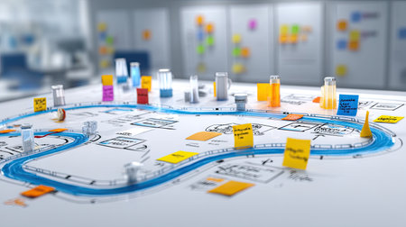 A vibrant workspace featuring a detailed workflow layout with colorful sticky notes and visual aids, ideal for project management and team collaboration.の素材