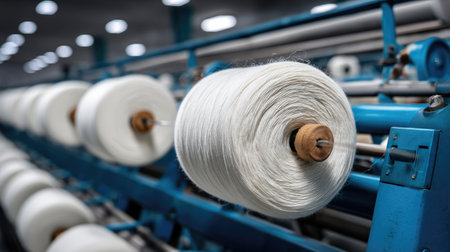 Close-up view of white yarn spools on a textile spinning machine showcasing the intricate production process in a modern factory environment.の素材