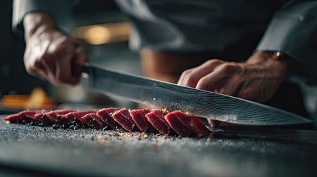 A skilled chef expertly slices fresh tuna fillet with precision in a professional kitchen. The image captures the art of culinary preparation, showcasing the delicate technique and vibrant colors of the seafood, emphasizing the craftsmanship involved in gourmet cooking.の素材