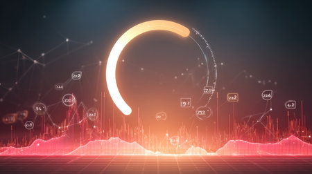 Vibrant abstract digital graphic showcasing data visualization elements, including a circular graph, bar charts, and intricate design features in gradient hues.の素材