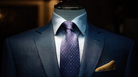 This striking image showcases an elegant blue suit paired with a stylish purple tie and a golden pocket square, perfect for formal settings and business occasions.の素材