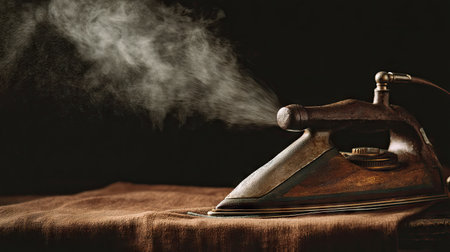 A vintage iron emits steam over a rich brown fabric, showcasing its nostalgic appeal and unique design. This still life image conveys warmth and domestic comfort.の素材