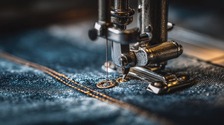 A detailed close-up of a vintage sewing machine in action, stitching bright blue denim fabric. This image captures craftsmanship, artistry, and intricate equipment.の素材