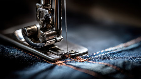 A close-up image showcasing a sewing machine needle poised above denim fabric, highlighting the intricate details of the stitching process and craftsmanship involved.の素材