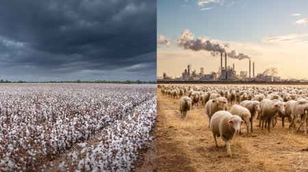 A striking visual juxtaposition of a cotton field under ominous storm clouds with an industrial landscape and sheep grazing nearby. This image explores the tension between nature and industry.の素材
