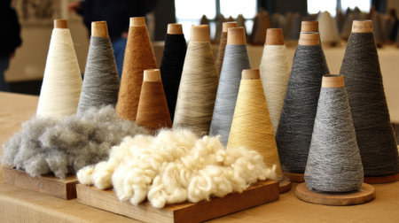 A vibrant array of yarn cones in various colors along with natural wool fibers presented on a wooden surface in a craft studio. Perfect for showcasing textile creativity.の素材