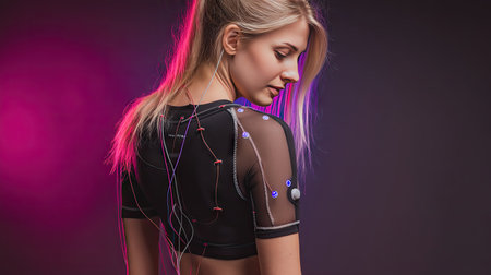 Portrait of a young woman showcasing advanced fitness technology with electrodes on her skin, surrounded by vibrant studio lighting, emphasizing health and innovation.の素材