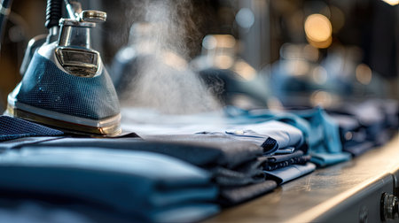 A close-up view of an iron producing steam over neatly stacked blue and white shirts. The scene captures the essence of garment care in a modern workspace.の素材