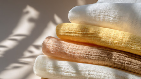 A serene composition featuring soft and textured blankets stacked in beautiful cream and yellow hues, accented by gentle shadows, evoking calm and warmth.の素材