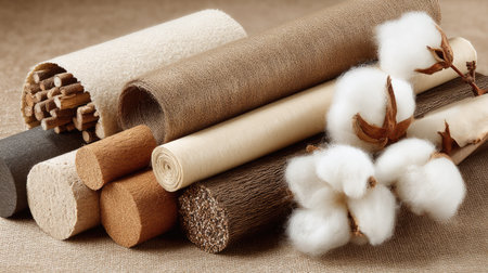 An artistic display of various natural textiles and materials, showcasing the rich textures and colors of cotton, fabric rolls, and more in a creative arrangement.の素材