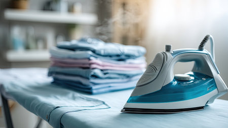 A close-up view of a modern steam iron resting on a blue ironing board, surrounded by freshly pressed shirts. This scene captures the essence of efficient laundry care in a cozy domestic setting.の素材
