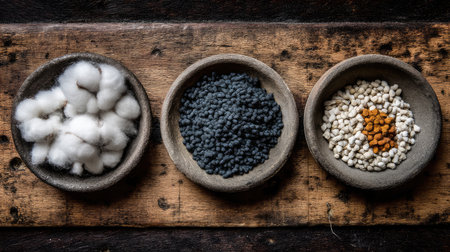 This image features raw natural materials arranged in rustic bowls on a wooden surface, highlighting the beauty and diversity of cotton, seeds, and spices.の素材