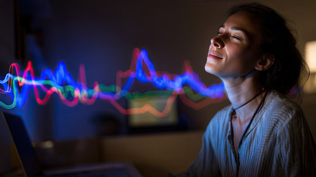 A young woman sits in a cozy indoor space, immersed in music while colorful sound waves symbolize emotion and creativity, evoking a serene atmosphere.の素材