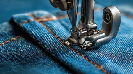 A close-up image showing the foot of a sewing machine pressing down on denim fabric. The detail captures the stitching process, ideal for textile and fashion themes.の素材